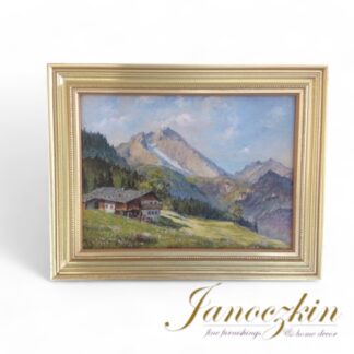 Original Art, Landscape Art, European Art, Mountains, Small Painting, Gold Frame, Chalet, Country Scene