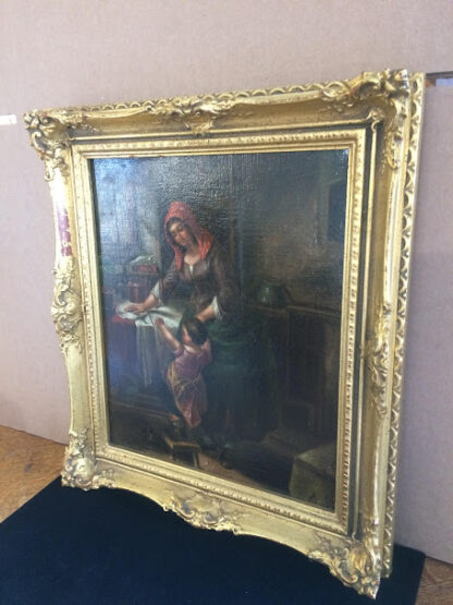 19th Century Painting, Antique Oil Painting, Northern European School – "Washerwoman with Child," Oil on Canvas, Unsigned, Gold Ornate Frame - Image 6