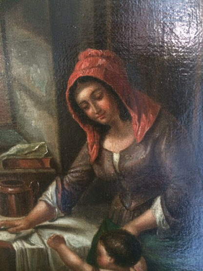 19th Century Painting, Antique Oil Painting, Northern European School – "Washerwoman with Child," Oil on Canvas, Unsigned, Gold Ornate Frame - Image 4