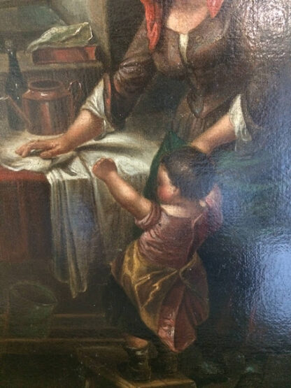 19th Century Painting, Antique Oil Painting, Northern European School – "Washerwoman with Child," Oil on Canvas, Unsigned, Gold Ornate Frame