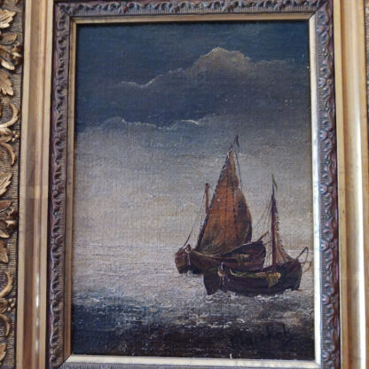 Painting of Sailboats signed Marckok, 7″ X 4.75″, 11″ X 9″ framed, Gold Color Frame - Image 3