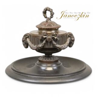 Antique Inkwell, Grand-Tour Type Bronze Hinged Inkwell On Slate Base, Circa 1900, Height 8 Inches